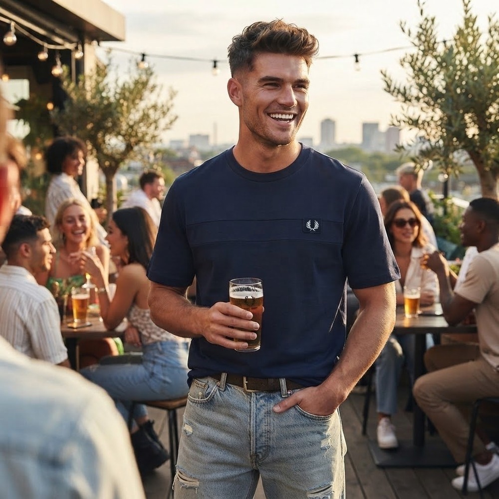 Fred Perry Mens Navy Blue Mixed Media Laurel Wreath Patch T-Shirt L